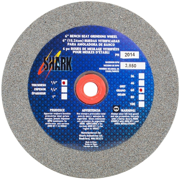 Shark Industries 6-in. x 1/2-in. x 1-in. Bench Seat Grinding Wheel 60 Grit, Aluminum Oxide 2014 - main